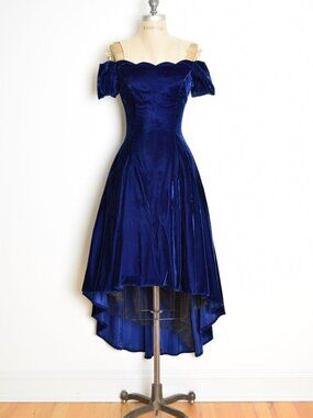 vintage 80s prom party dress navy blue velvet fishtail hem off shoulder hi-lo XS